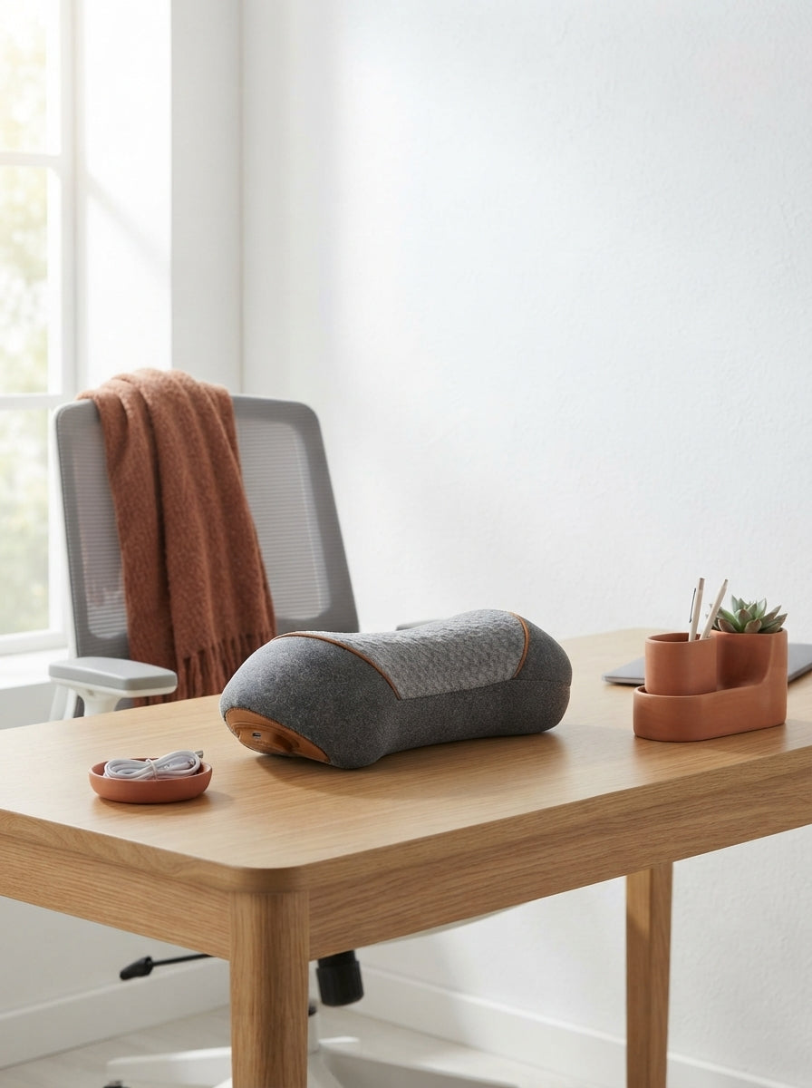 A 3-in-1 heated neck massager on a modern office desk with terracotta and burnt sienna decor.